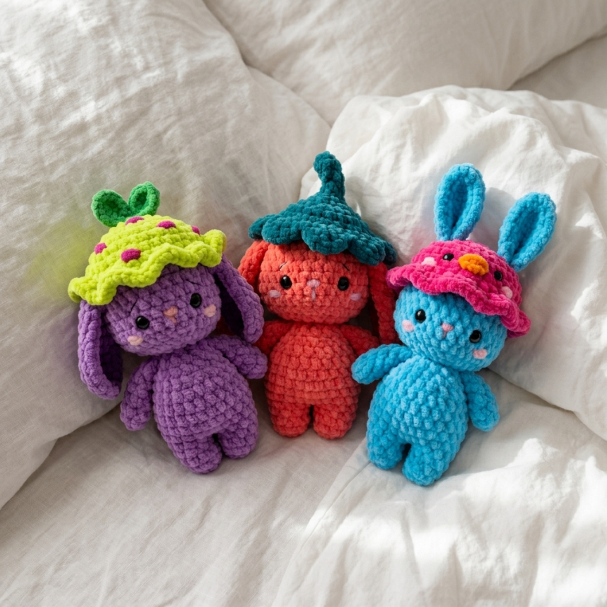 Crochet Bunny Pattern with Cute Hats 🐰 2 Bunny Styles + 3 Outfit Variations (PDF)