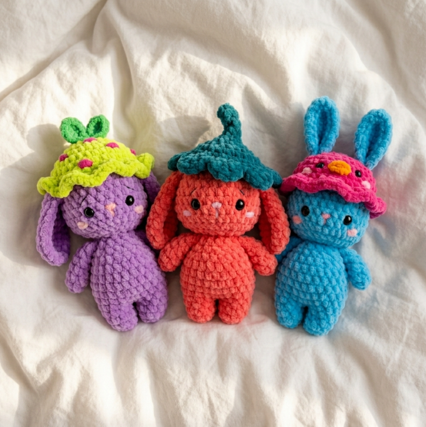 Crochet Bunny Pattern with Cute Hats 🐰 2 Bunny Styles + 3 Outfit Variations (PDF)